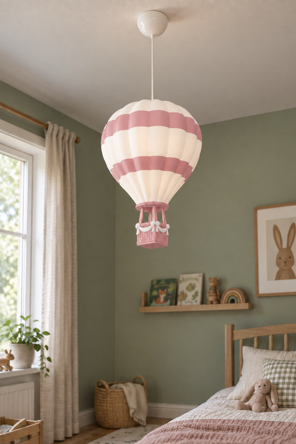 Pudra Pembe Sıcak Hava Balonu Avize yeşil duvarlı çocuk odasında